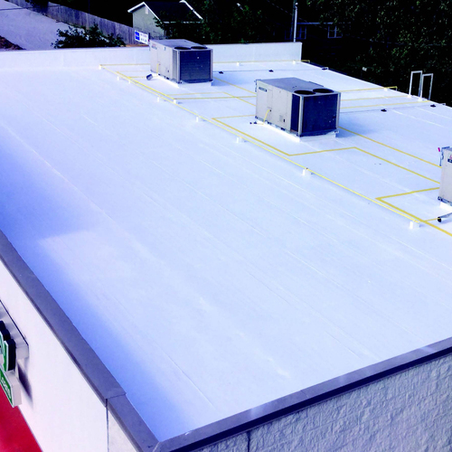 view from above of a fabric-reinforced roofing system